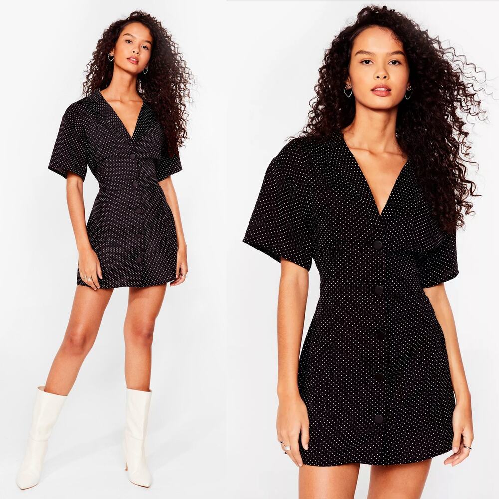 NASTY GAL Button Up Black & White Polka Dot Mini Dress – Size 6